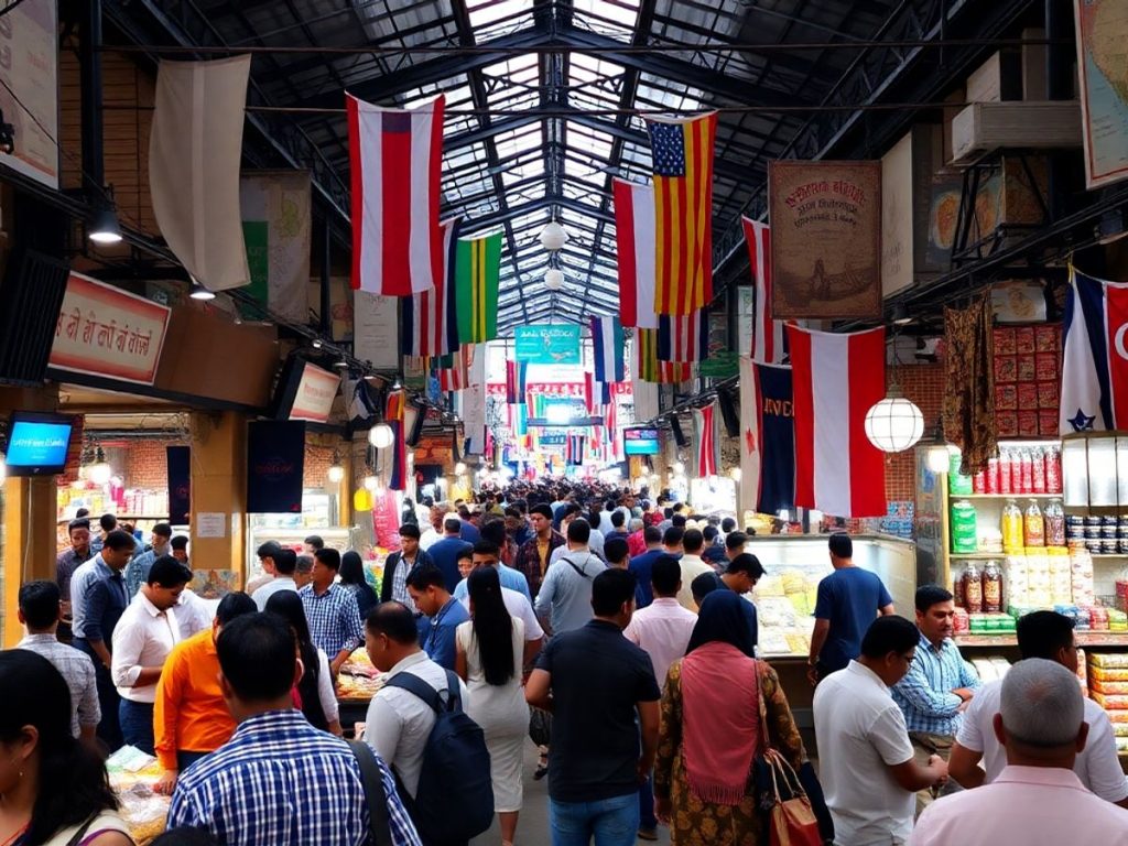 Piața globală plină de traderi și diverse activități comerciale.