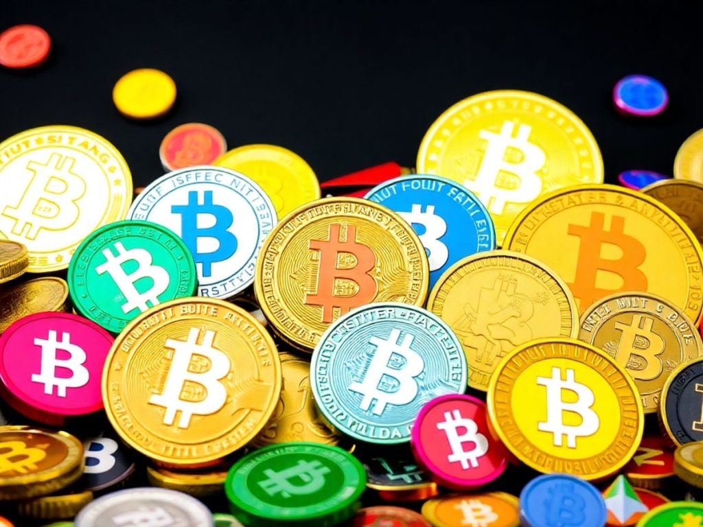 Monede criptografice diverse pe un fundal contrastant.