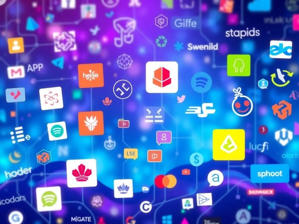 Elemente de branding digital într-un peisaj modern vibrant.