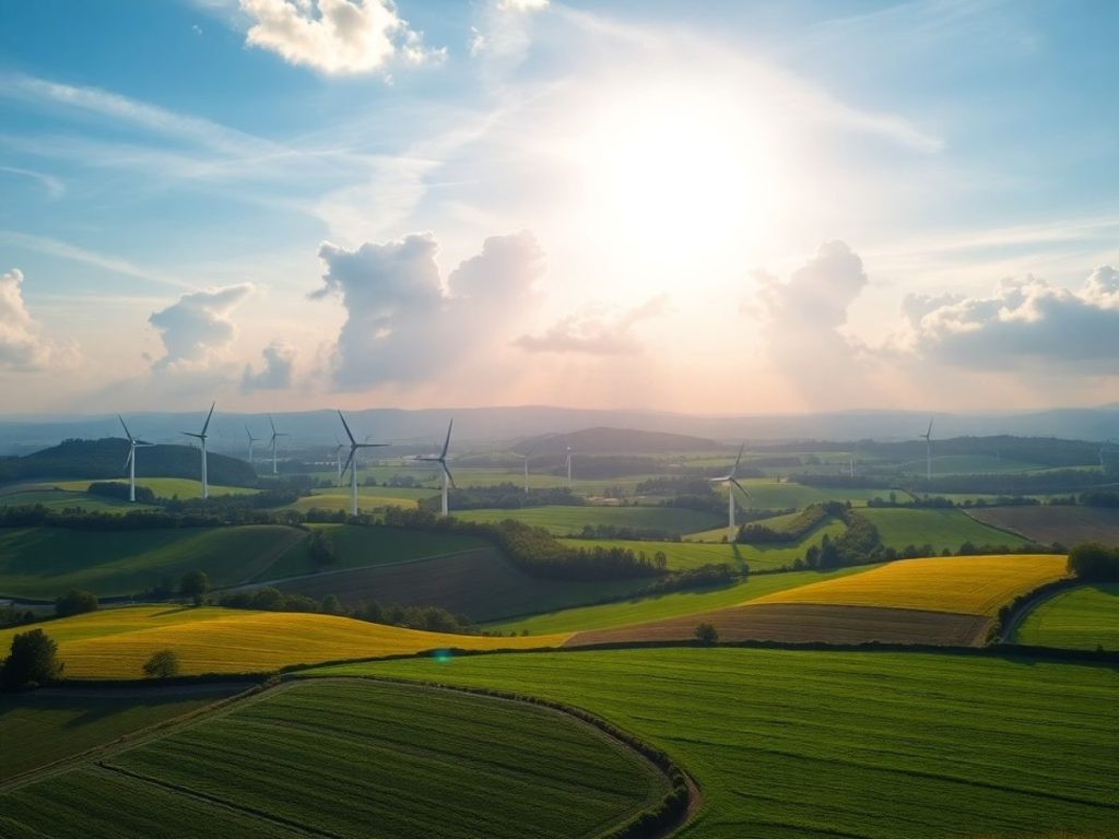 Peisaj eco-sustenabil cu turbine eoliene în România.