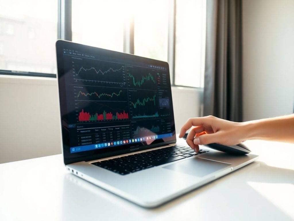 Birou modern, laptop deschis, grafice financiare pe ecran.