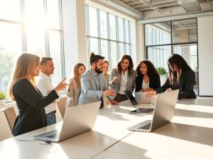 BusinessTrader 1 Oameni lucrează împreună într-un birou modern.