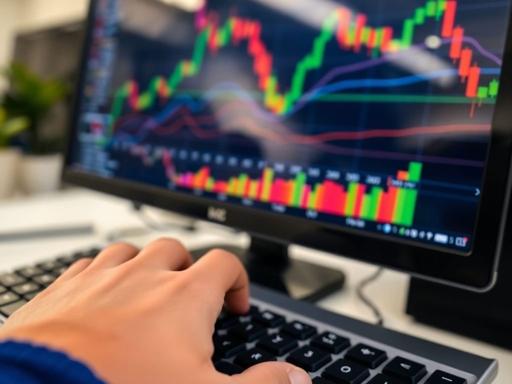 Mână pe tastatură, monitor cu grafice financiare.