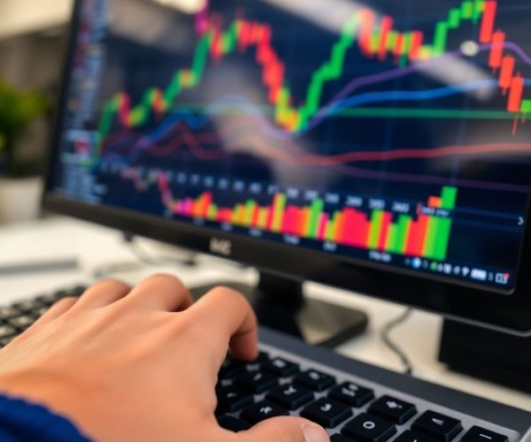 Mână pe tastatură, monitor cu grafice financiare.