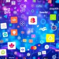 Elemente de branding digital într-un peisaj modern vibrant.