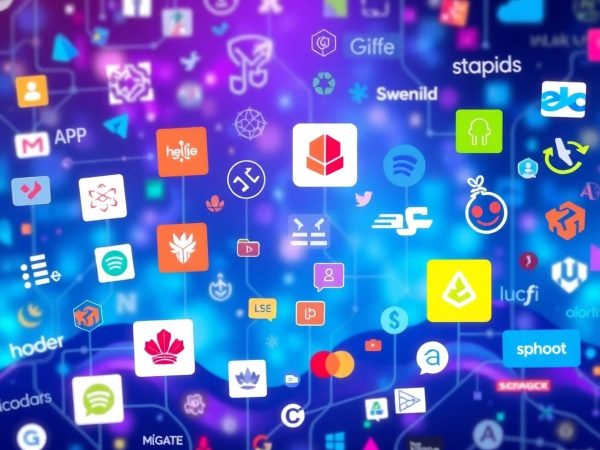 Elemente de branding digital într-un peisaj modern vibrant.