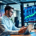 Trader în birou modern, analizând piețele financiare.