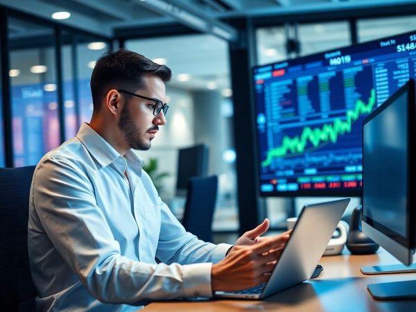 Trader în birou modern, analizând piețele financiare.